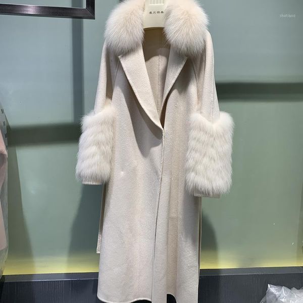 

women's wool & blends real fur coat 100% women carf elegant runway winter fashion woolen belt jacket, Black