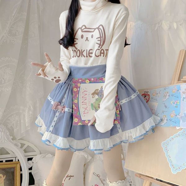 

kawaii cute print tshirt women spring 2021 fashion women turtleneck t shirt japanese long sleeve kawaii graphic tees, White