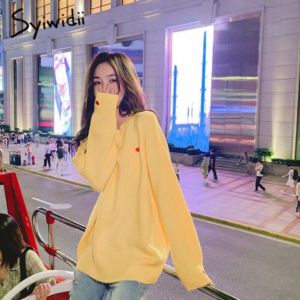 

women's sweaters embroidery heart sweater women solid pullovers o-neck knitted winter clothes harajuku shirt oversized korean top, White;black