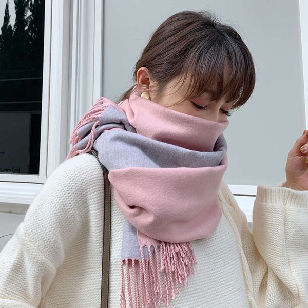 

new korean scarves women's winter versatile thickened double-sided two-color shawl dual-purpose student leisure long neck in autumn and, Blue;gray