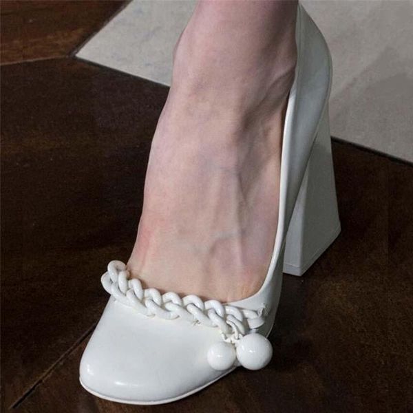 

dress shoes white black mary jane retro pearl chain decoration high heels round head t catwalk thick heel working women's