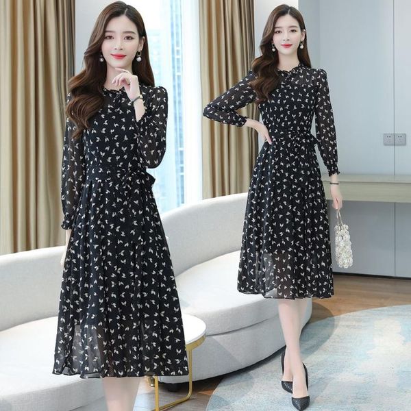 

casual dresses coigarsam women long dress autumn 2022 full sleeve floral print chiffon ruffled high waist black robe, Black;gray