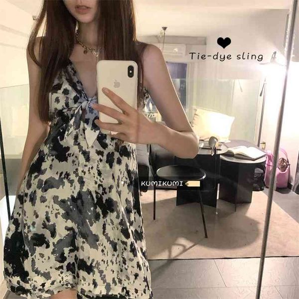 

design retro tie-dye suspender dress female french spring temperament was thin waist 210529, Black;gray