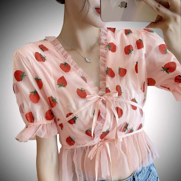 

women's blouses & shirts pink strawberry mesh v neck 2021 woman summer puff sleeve runway design vestido casual sweet female, White