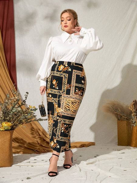 

plus chain and floral print pencil skirt b2hf#, Black