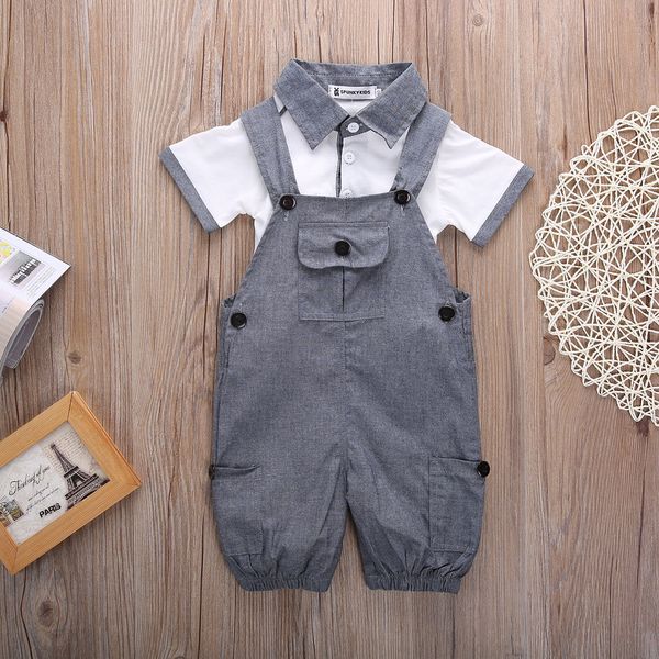 

solid short sleeve shirt and suspender shorts 2pcs set for baby boy clothes, White
