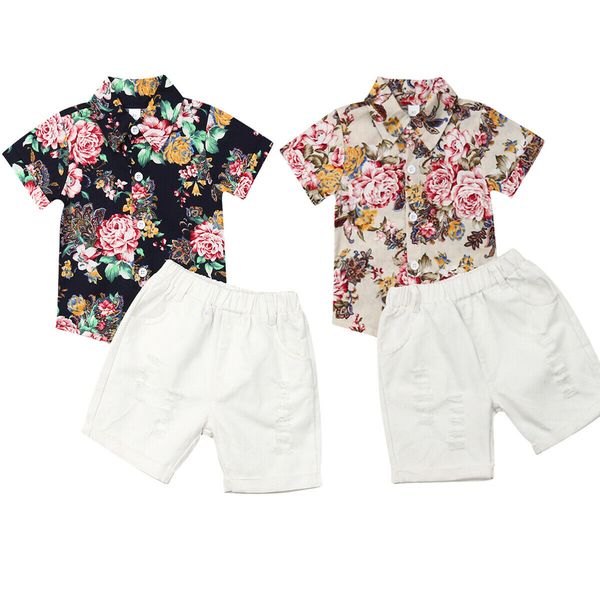 

0-5y infant kids baby boy gentleman cotton floral clothes sets beach outfits short t-shirt+pants, White