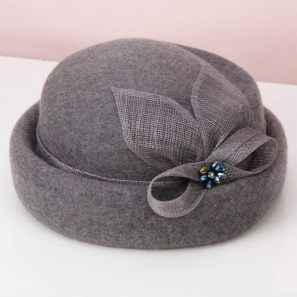

stingy brim hats h269 women wool felt fedoras hat female autumn winter korean retro british yarn decoration cap ladies fashion, Blue;gray