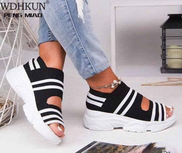 

2021 summer women sandals open toe wedges platform ladies shoes knitting lightweight sneakers sandals big size zapatos mujer, Black