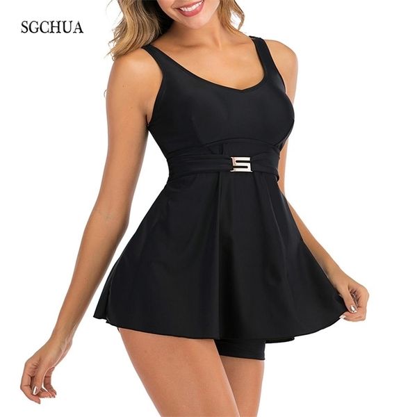 

sgchua solid black 5xl tankini with golden s belt plus size xxxl two piece swimsuit women beach boxer swimwear for fat 210728, White;black