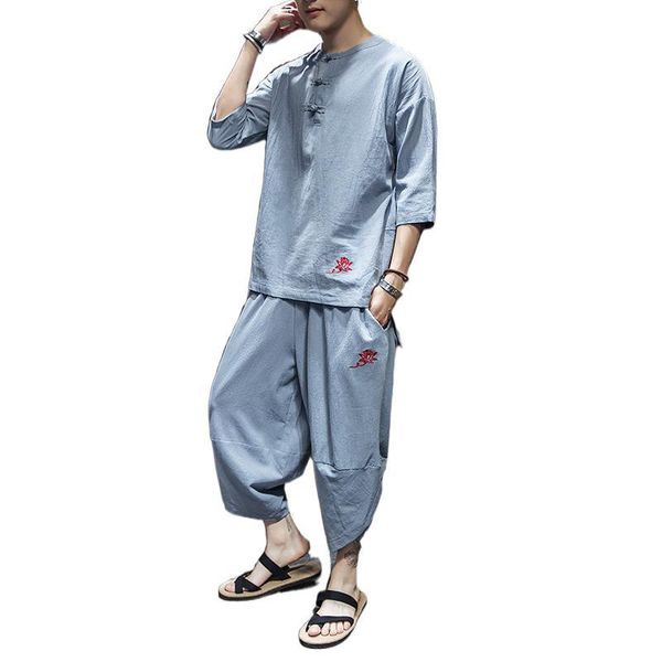 

men's tracksuits plus size 4xl 5xl chinese style vintage tracksuit men half sleeve cropped pants 2 piece sets loose fit summer man clo, Gray