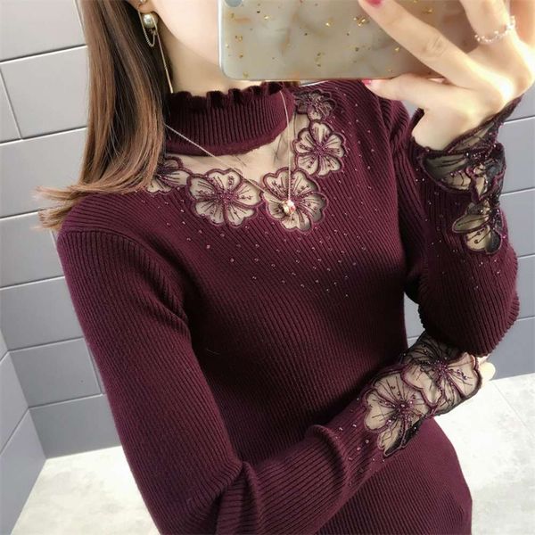

autumn and winter 2021 korean women's new lotus half high collar lace bottom slim solid color sweater, White;black