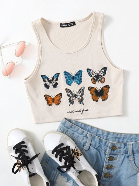 

butterfly print crop tank 89zu#, White
