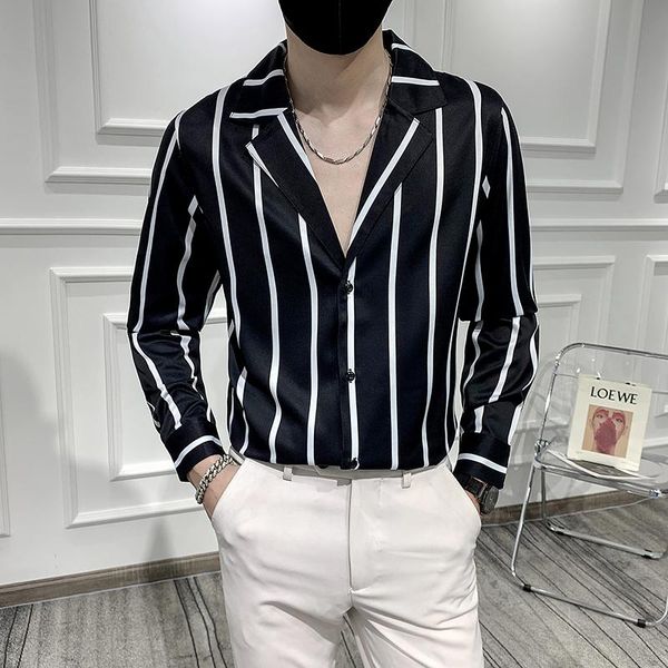 

men's casual shirts brand striped printing men long-sleeved slim shirt black white for business dress formal, White;black