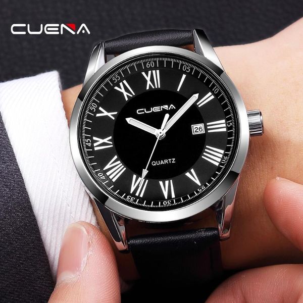 

wristwatches cuena fashion casual brand men's watch leather military date analog quartz wrist mens clock business watches montre homme, Slivery;brown