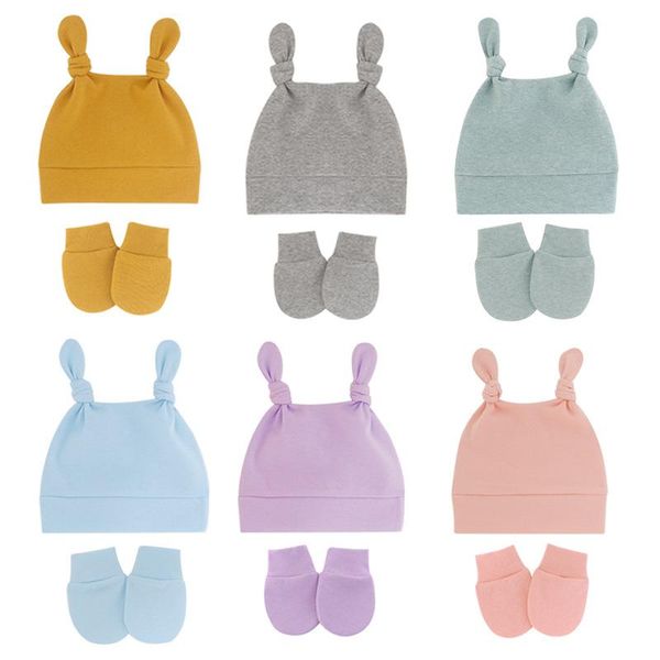 

caps & hats 3pcs/lot baby girls boys cotton hat with mitten set born soft ear solid color warm glove beanie cap 0-12m, Yellow