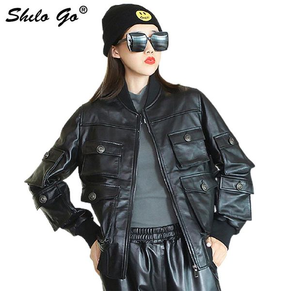 

women's leather & faux safari style pockets detail zip bomber jacket women autumn casual solid plus size genuine coat sheepskin outwear, Black