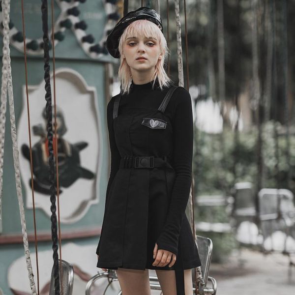 

punkrave women's "hardcore girl" series asymmetrical placket slip dress gothic slim detachable belt street strap dress, Black;gray