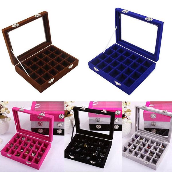 

storage boxes & bins 24 grids jewelry earring necklace box velvet glass fashion useful for girls empty case small stuff organizer