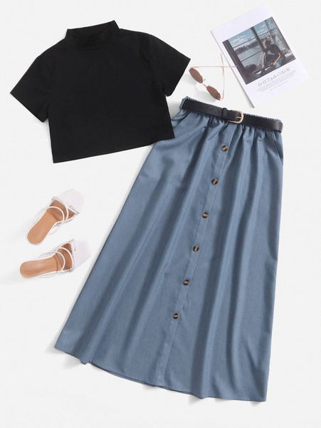 

mock neck & belted skirt p0rm#, White