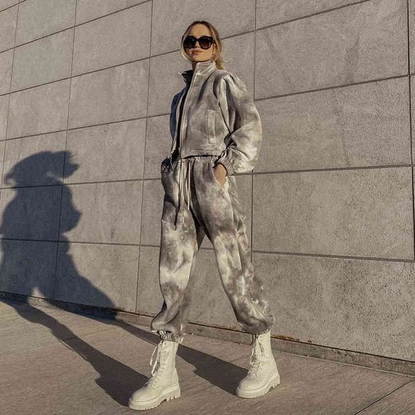 

ladies long sleeve stand collar zipper fashion casual sports tie dyed sweater jacket loose pants two-piece set, Gray