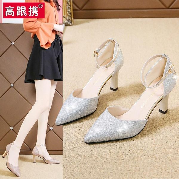 

shallow mouth bling bling sandals stiletto heels women's shoes silver all-match suit female beige buckle strap bright high black