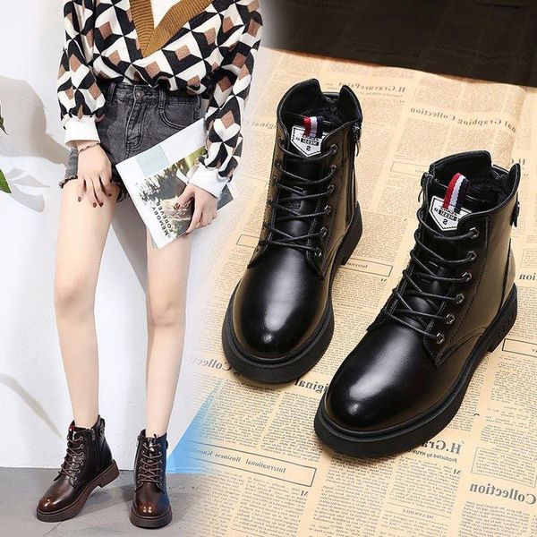 

boots ladies 2021 autumn and winter velvet thick bottom joker english wind net red boots women, Black