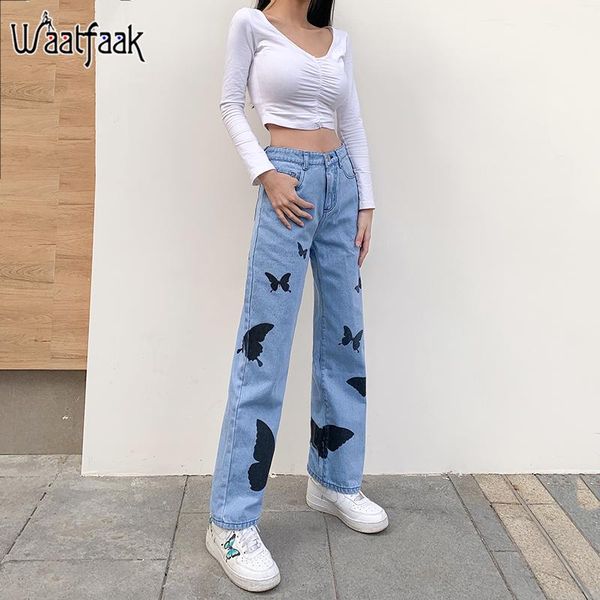 

waatfaak butterfly print poceket y2k jeans mom vintage high waist streetwear baggy capri pants blue jeans straight leg 2021