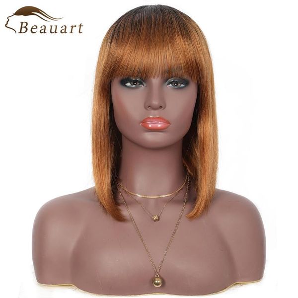 

lace wigs beauart human hair bob cut full with bangs 12"straight ombre light brown wig for women none front, Black;brown