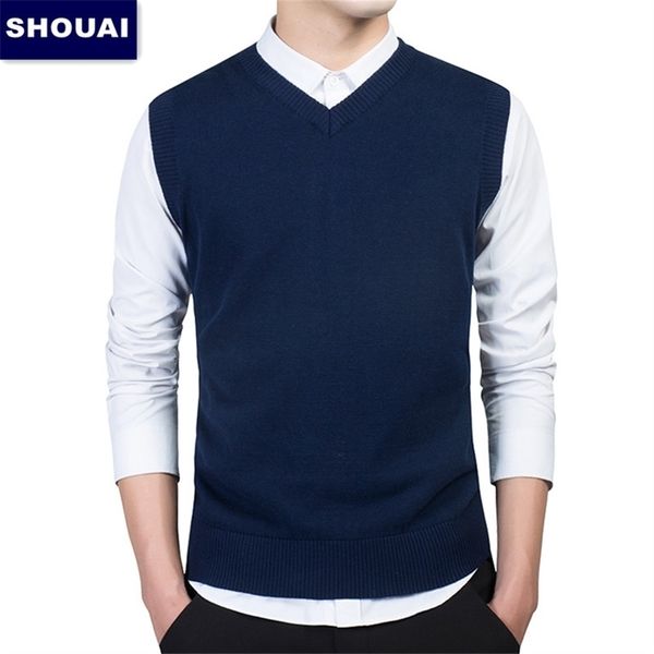 

men's vest sweater casual style wool knitted business men's sleeveless 4xl shouai dark gray black blue light 210813, White;black