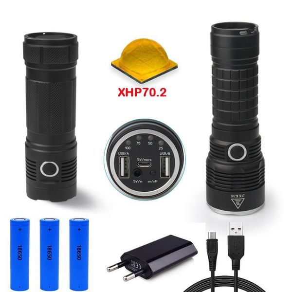 

8000lumens xlamp xhp70.2 usb hunting most powerful led cree xhp70 rechargeable torch 18650 mobile power lamp camping