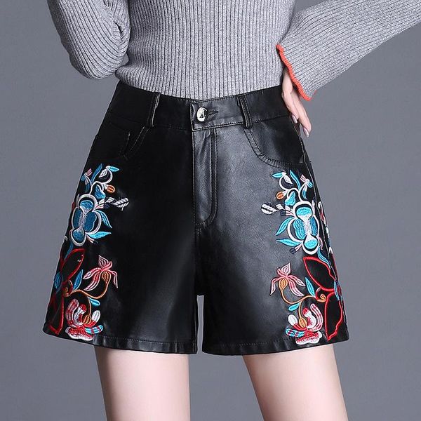 

women's shorts m-4xl pu leather women high waist feminino 2021 autumn slim wide leg ol flower embroidered plus size, White;black