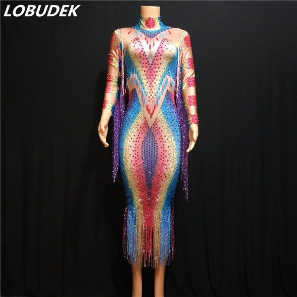 

casual dresses colorful rhinestones fringes elastic skinny dress fashion stars singer concert wrapped buttock long nightclub host costume, Black;gray
