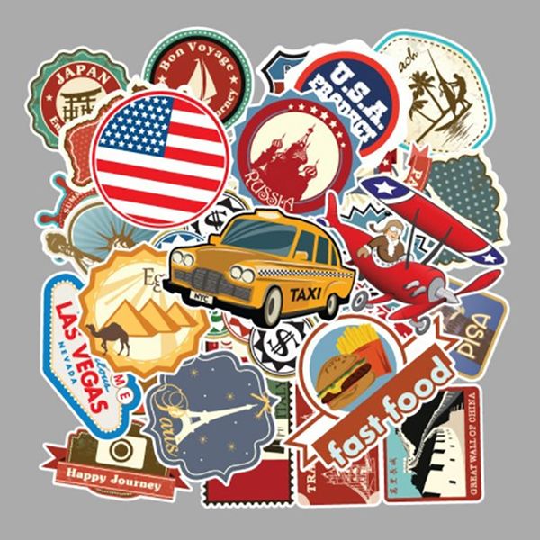 

100pcs outdoor travel map country famous logo pvc waterproof stickers decor for suitcase bicycle car guitar skateboard