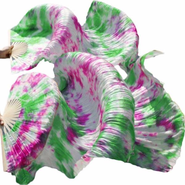 

stage wear 100% silk tie dyed belly dance fans 180/230x90cm bamboo ribs long practice performance show mixed color, Black;red