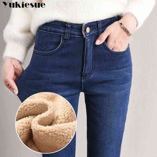 

winter jeans female high waist denim skinny warm thick for women mujer plus size velvet pants stretch pantalon femme 211129, Blue