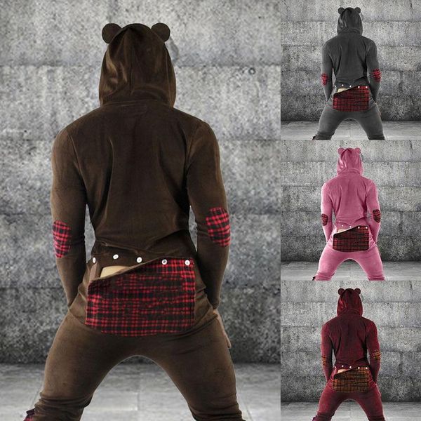 

2021 men jumpsuit long sleeve solid color slim-fit plaid detachable hooded collar long pants openable hip pajamas rompers, Gray