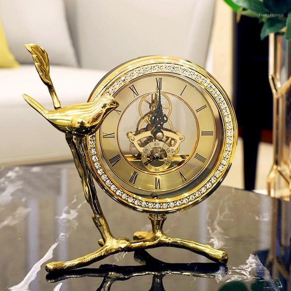 

luxury 6 inch alloy bird art european style table clock with diamonds gold roman numera drcro moving desk & clocks1