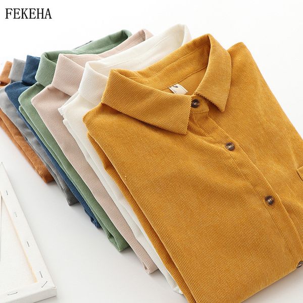 

corduroy shirts womens long sleeve blouses and autumn new casual lady loose outwear retro female jacket solid color 210225, White
