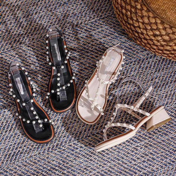 

sandals 2021 summer sale of women's shoes pearl buckle strap med high heels large size all-match suit female beige low mediu, Black
