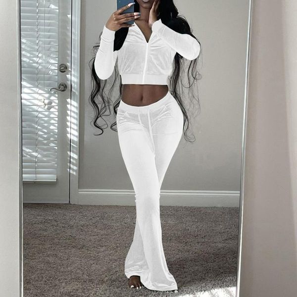 

women's two piece pants casual women outfits tracksuit long sleeve hooded crop + flared wide-leg set solid zip v-neck sweatsuit t6, White