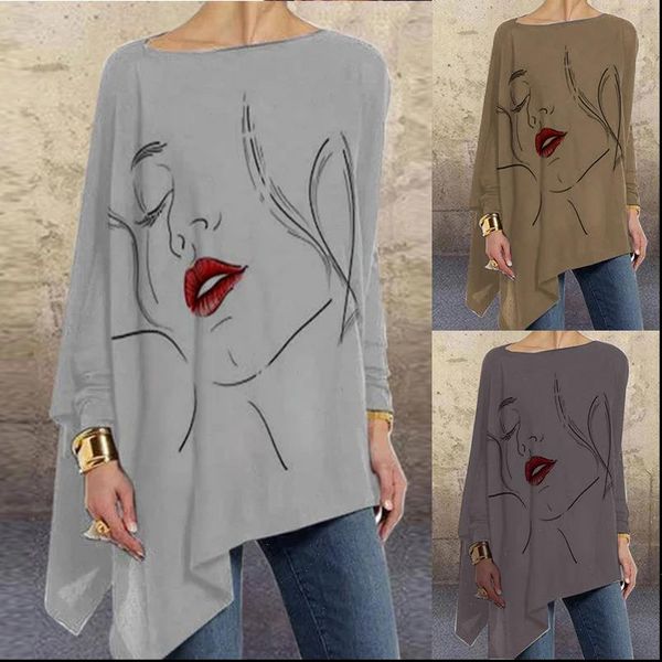 

lip human print vintage woman autumn blouses shirts long sleeve o neck irregular hem casual woman tunic shirts, White