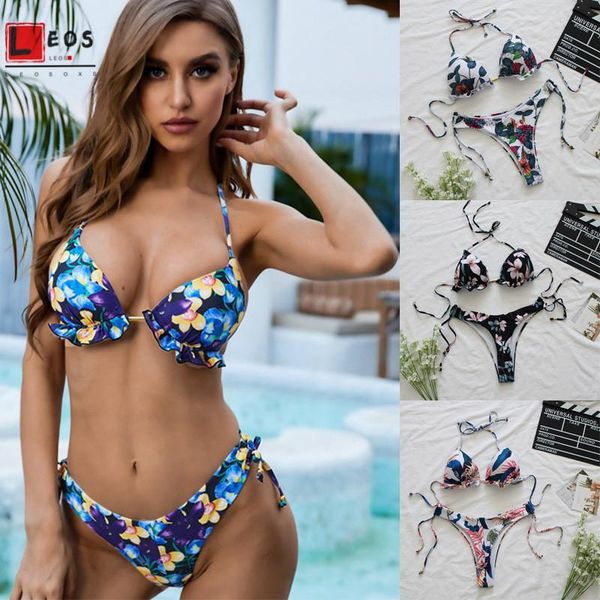 

women's swimwear female bikini sets bandage printing beach bathing suits halter bras thong two piece suit women beachwear, White;black