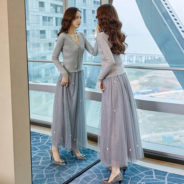 

2021 spring autumn women tights long cardigan coat + a line sequins mesh skirt 3 piece mrs. sweet suits z322 9e68, Black;gray
