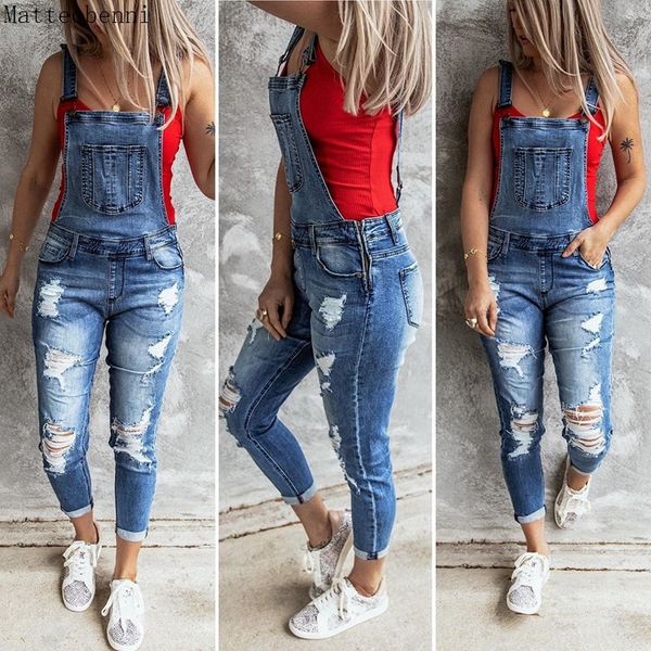 

2021 new women ripped hole denim jumpsuit ladies autumn fashion loose jeans rompers vintage casual plus size pocket overall playsuit 9f, Gray