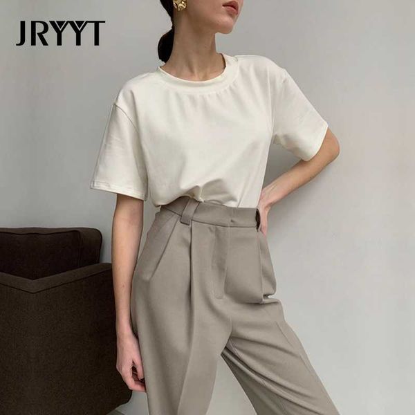 

women's t-shirt jryyt 2021 casual knitted basic solid women cotton short sleeve tee shirts female summer o-neck black fashion, White
