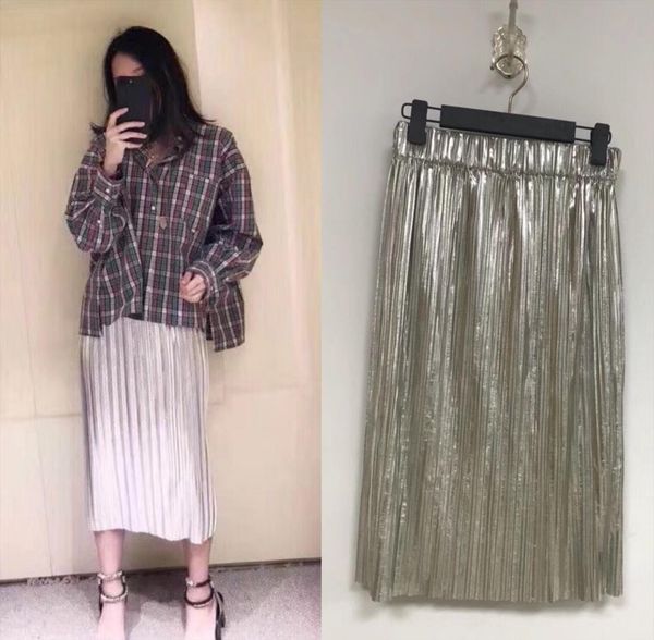 

pleated sequined organ mini metallic womens skirts elasticized midi waist, Black