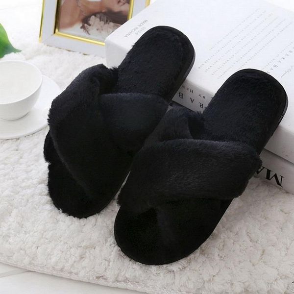 

slippers winter women house faux fur warm flat shoes female slip on home furry ladies plus size, Black