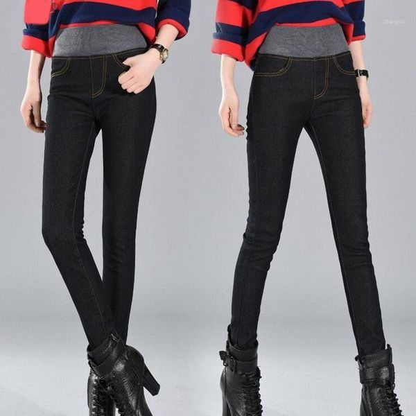 

women winter thick thermals warm fleece nap jeans high waist trousers slim pants outdoor bmf881, Blue