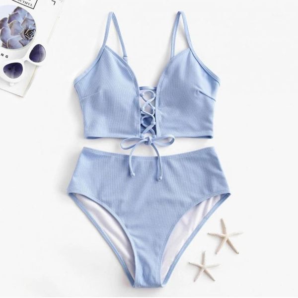 

women's swimwear women solid blue bandage bikinis set push up bikini padded bra straps high waist swimsuit trajes de baÃ±o mujer #t1q, White;black